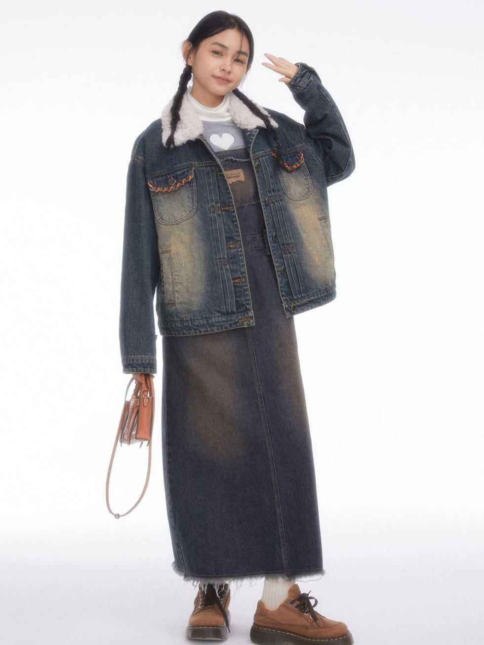 BETWEENAND Vintage Collegiate High Waist Denim Pinafore Women&