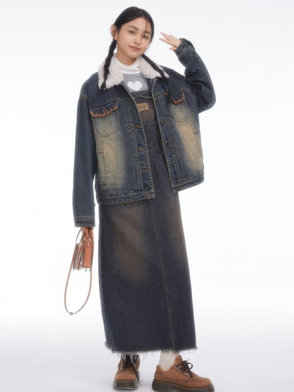 BETWEENAND Vintage Collegiate High Waist Denim Pinafore Women&