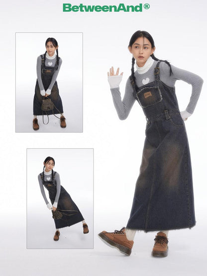 BETWEENAND Vintage Collegiate High Waist Denim Pinafore Women&
