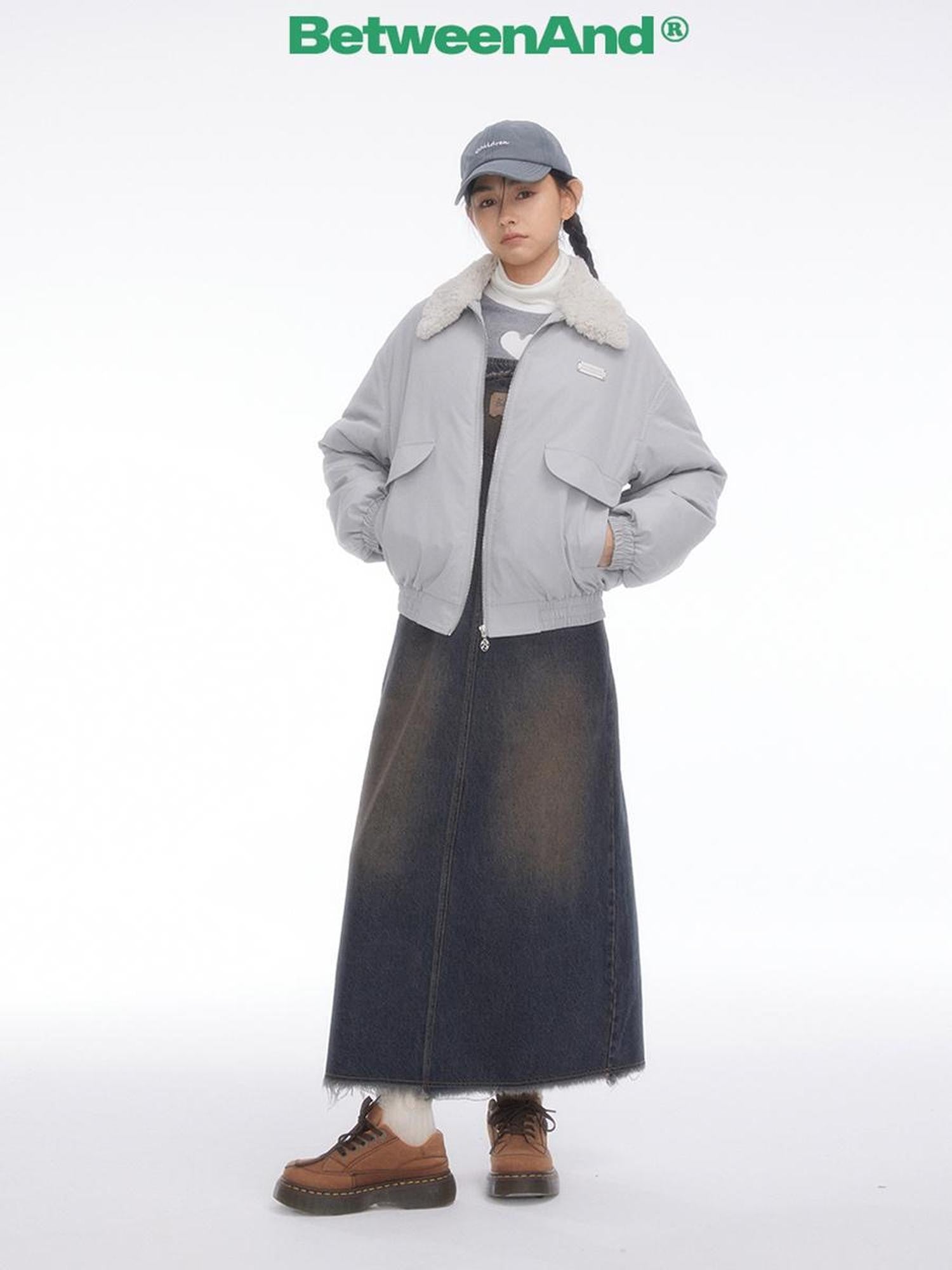 BETWEENAND Vintage Collegiate High Waist Denim Pinafore Women&