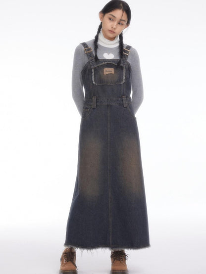 BETWEENAND Vintage Collegiate High Waist Denim Pinafore Women&