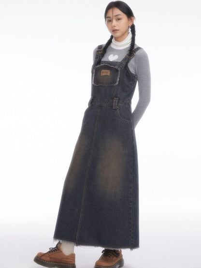 BETWEENAND Vintage Collegiate High Waist Denim Pinafore Women&