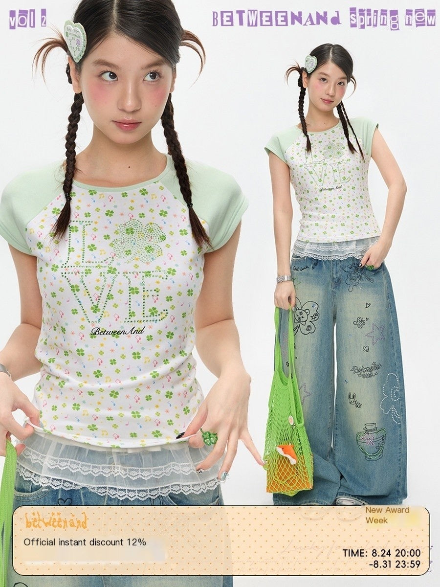 BETWEENAND_Vintage_Crystal_Clover_Print_Raglan_Slim_Women&