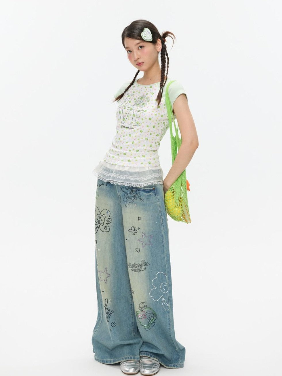 BETWEENAND Vintage Crystal Clover Print Raglan Slim Women&