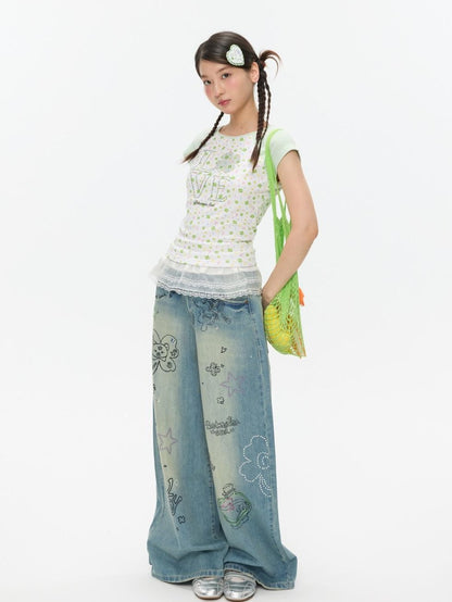 BETWEENAND Vintage Crystal Clover Print Raglan Slim Women&