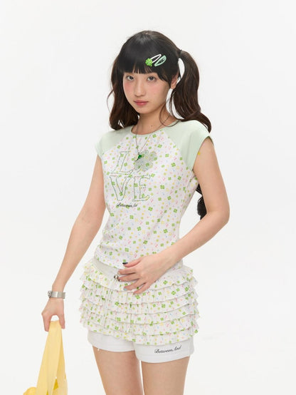 BETWEENAND Vintage Crystal Clover Print Raglan Slim Women&