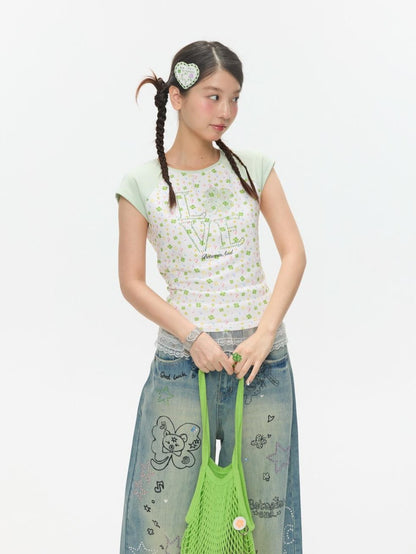 BETWEENAND Vintage Crystal Clover Print Raglan Slim Women&