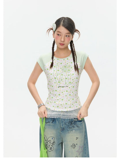 BETWEENAND Vintage Crystal Clover Print Raglan Slim Women&