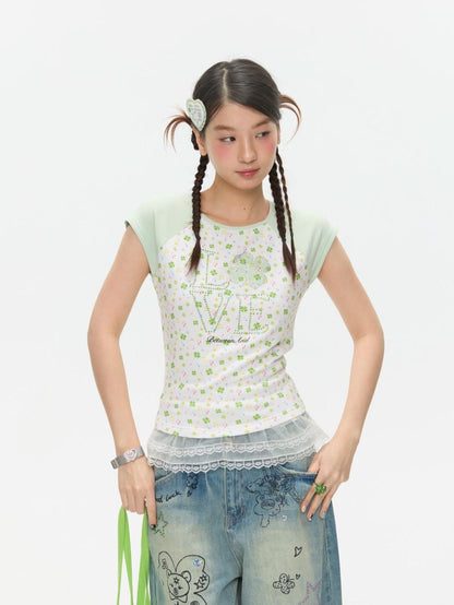 BETWEENAND Vintage Crystal Clover Print Raglan Slim Women&