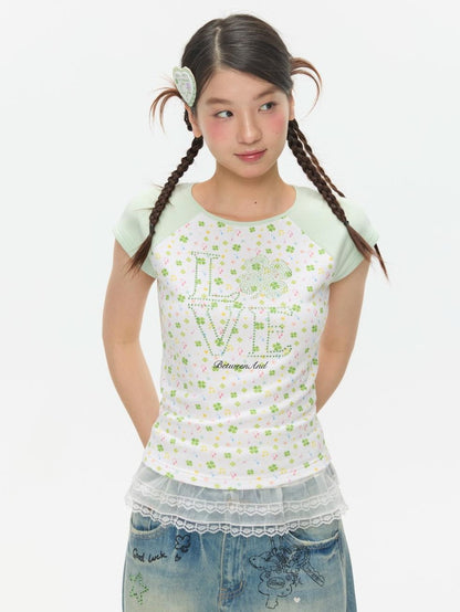 BETWEENAND Vintage Crystal Clover Print Raglan Slim Women&