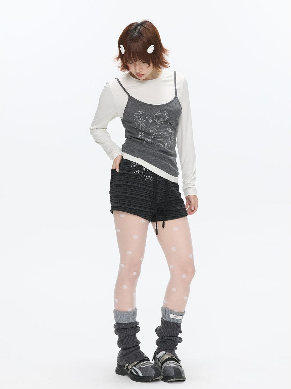 BETWEENAND Vintage Dark Gray Striped Straight Rhinestone Women&