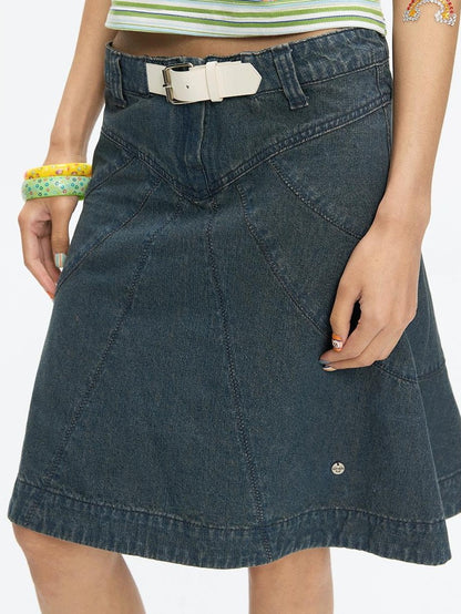 BETWEENAND Vintage Denim A Line Mid Waist Heavy Detailing Women&