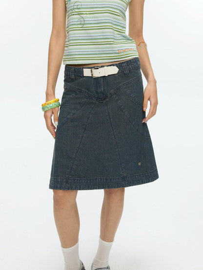 BETWEENAND Vintage Denim A Line Mid Waist Heavy Detailing Women&