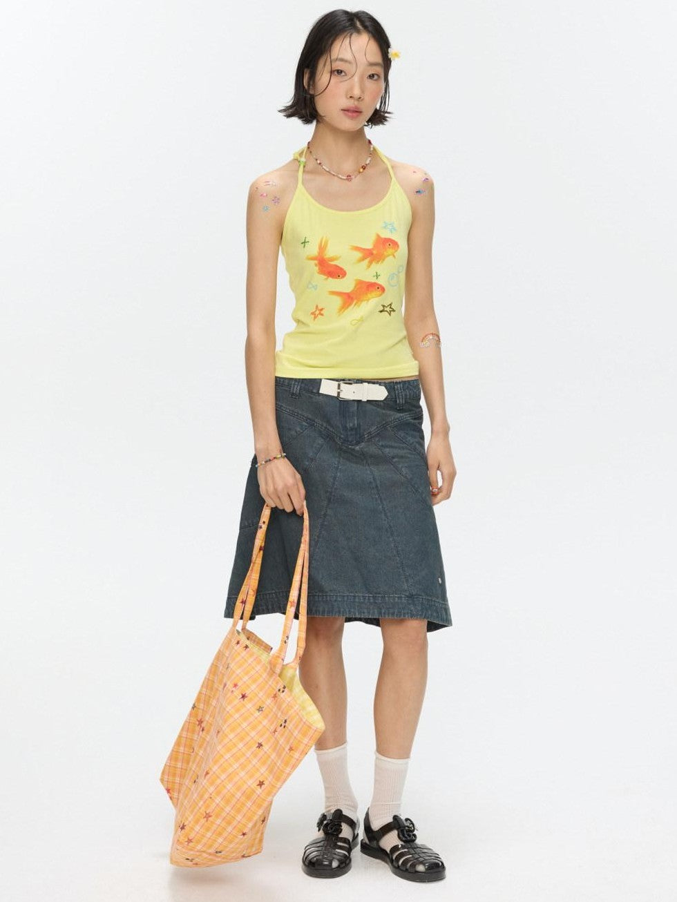 BETWEENAND Vintage Denim A Line Mid Waist Heavy Detailing Women&