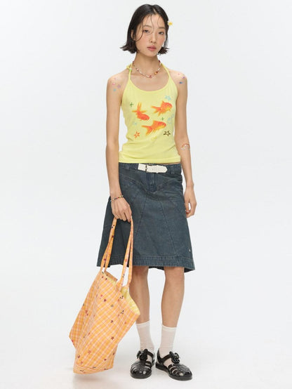 BETWEENAND Vintage Denim A Line Mid Waist Heavy Detailing Women&
