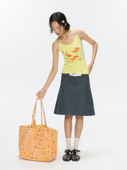 BETWEENAND Vintage Denim A Line Mid Waist Heavy Detailing Women&