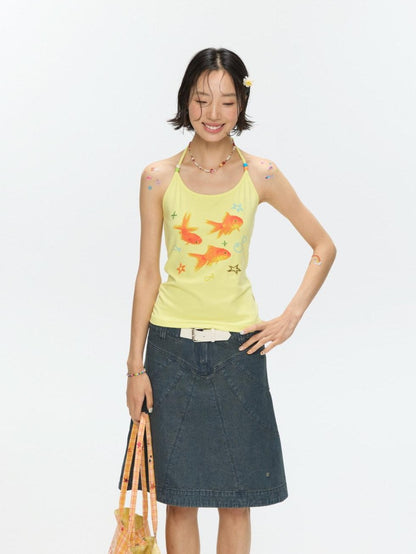 BETWEENAND Vintage Denim A Line Mid Waist Heavy Detailing Women&