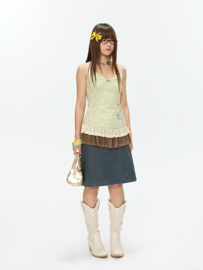 BETWEENAND Vintage Denim A Line Mid Waist Heavy Detailing Women&
