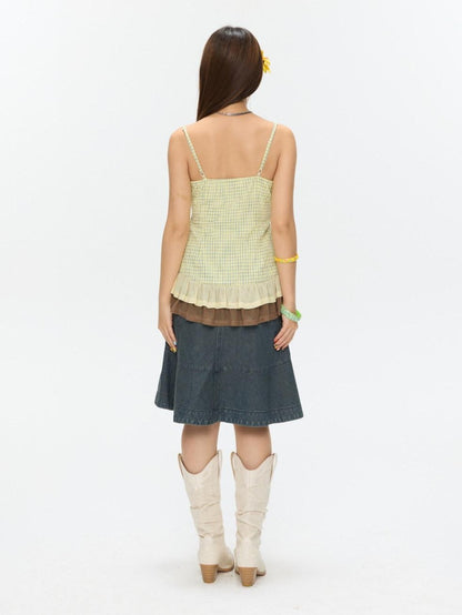BETWEENAND Vintage Denim A Line Mid Waist Heavy Detailing Women&