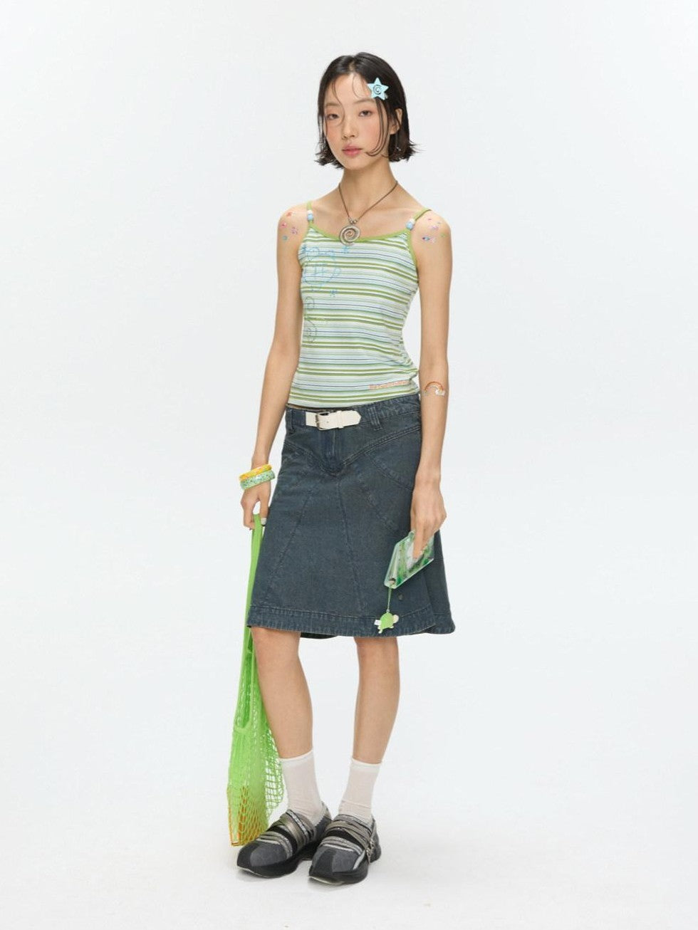 BETWEENAND Vintage Denim A Line Mid Waist Heavy Detailing Women&