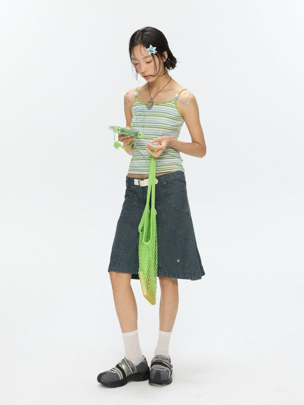 BETWEENAND Vintage Denim A Line Mid Waist Heavy Detailing Women&