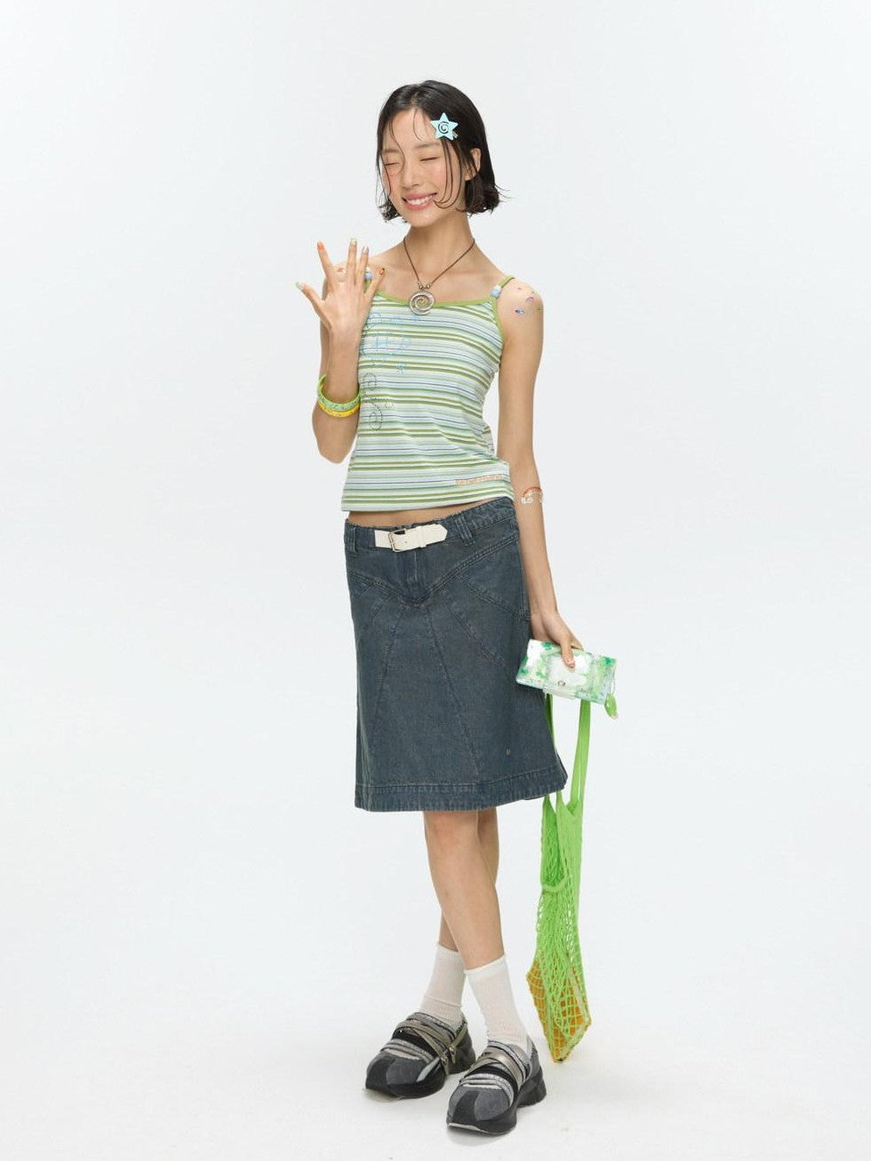 BETWEENAND Vintage Denim A Line Mid Waist Heavy Detailing Women&