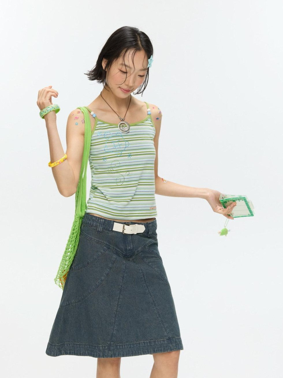 BETWEENAND Vintage Denim A Line Mid Waist Heavy Detailing Women&