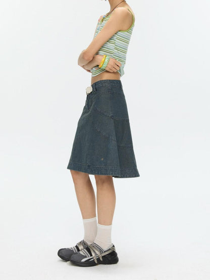 BETWEENAND Vintage Denim A Line Mid Waist Heavy Detailing Women&