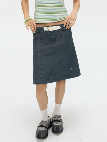 BETWEENAND Vintage Denim A Line Mid Waist Heavy Detailing Women&