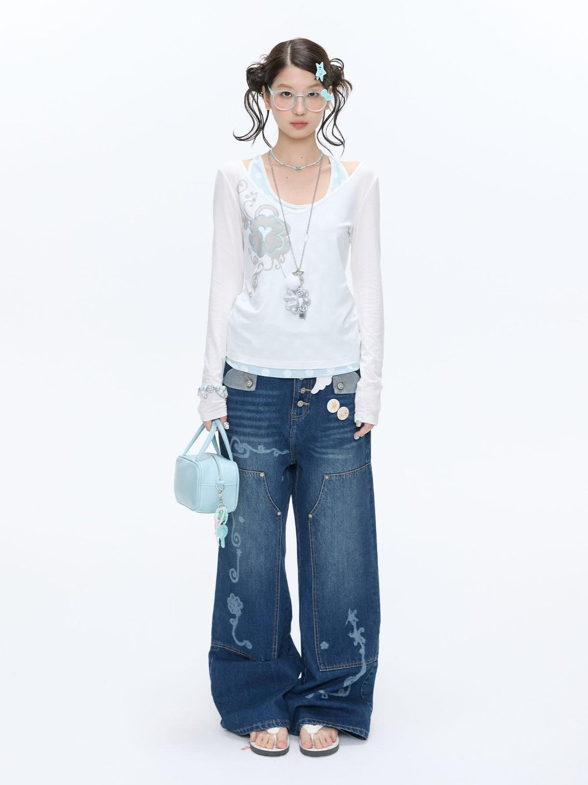 BETWEENAND Vintage Film Studded Washed Two Tone Print Women&