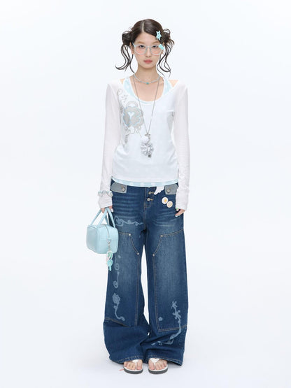 BETWEENAND Vintage Film Studded Washed Two Tone Print Women&
