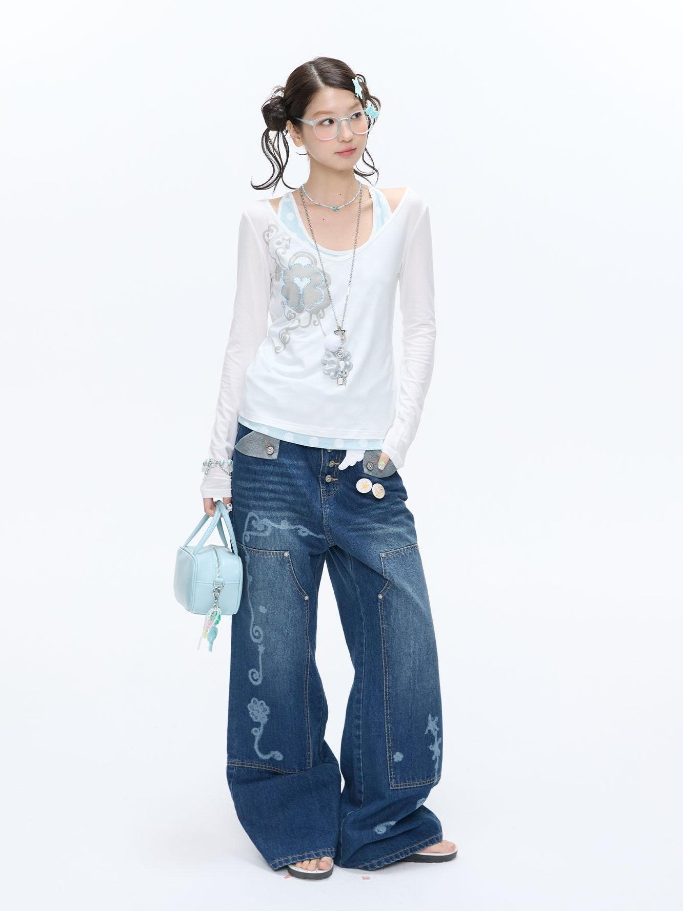 BETWEENAND Vintage Film Studded Washed Two Tone Print Women&
