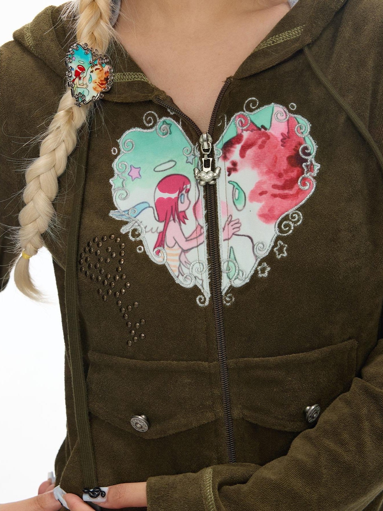 BETWEENAND Vintage Green Angel Orange Swirl Heart Embroidered Women&