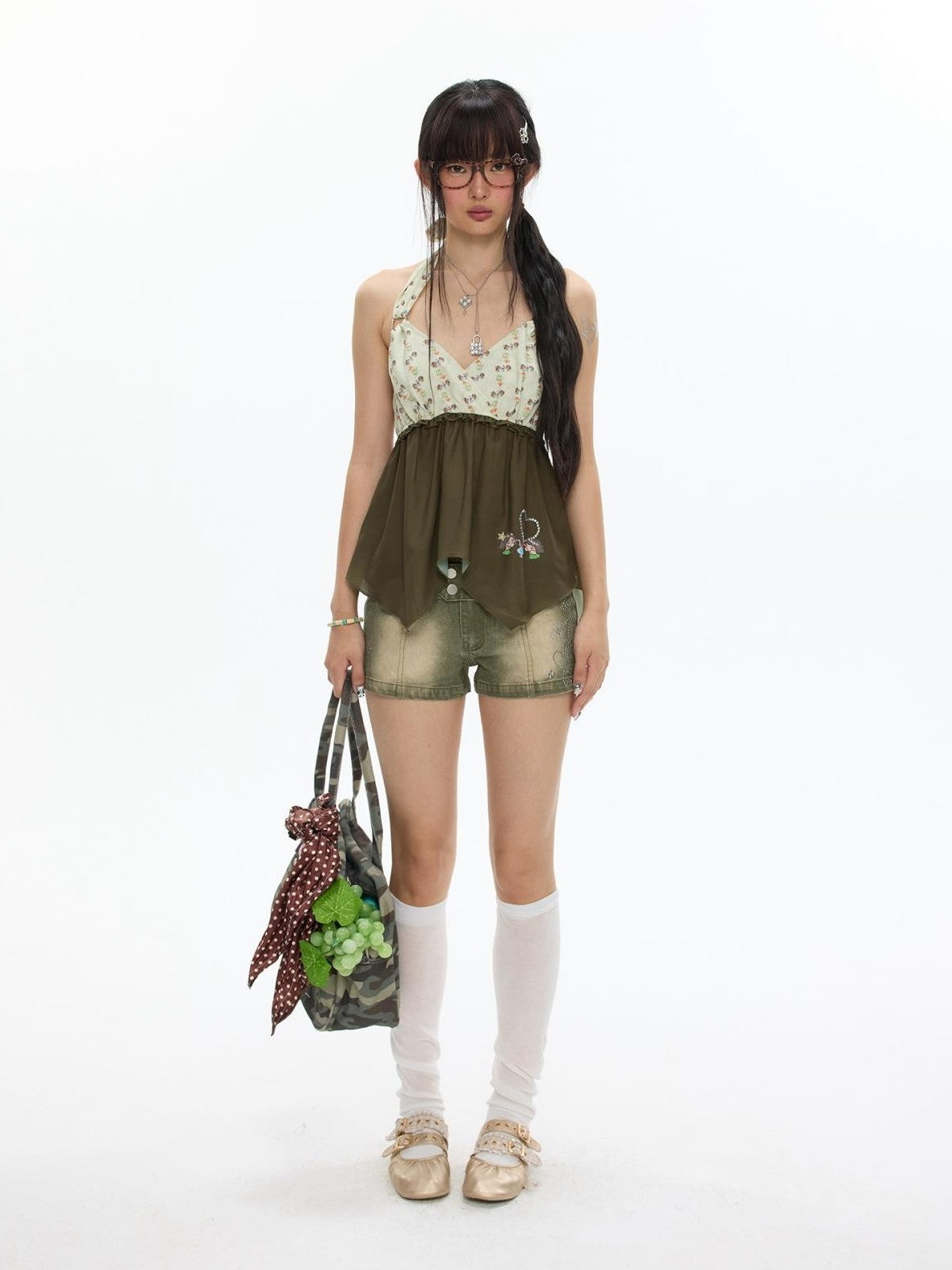 BETWEENAND Vintage Green Polka Dot Beaded Washed Slim Women&