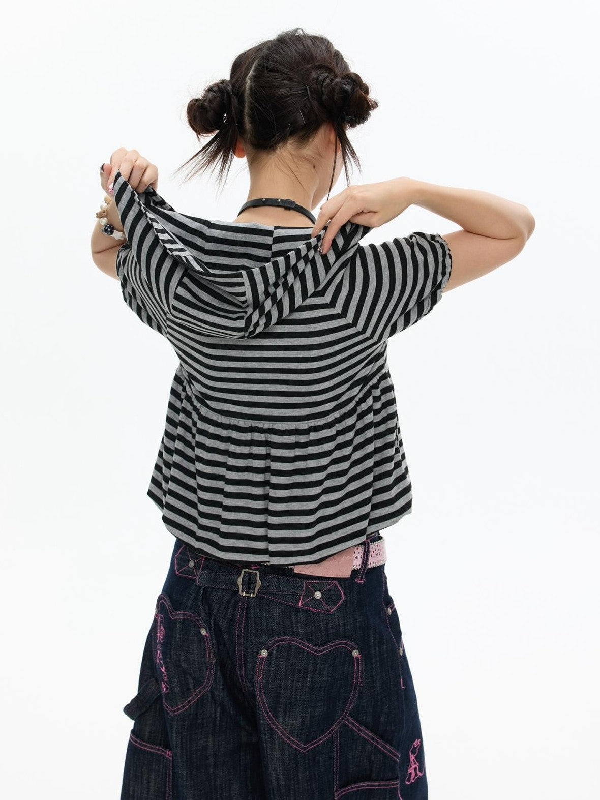 BETWEENAND Vintage Hooded Striped Print Women&