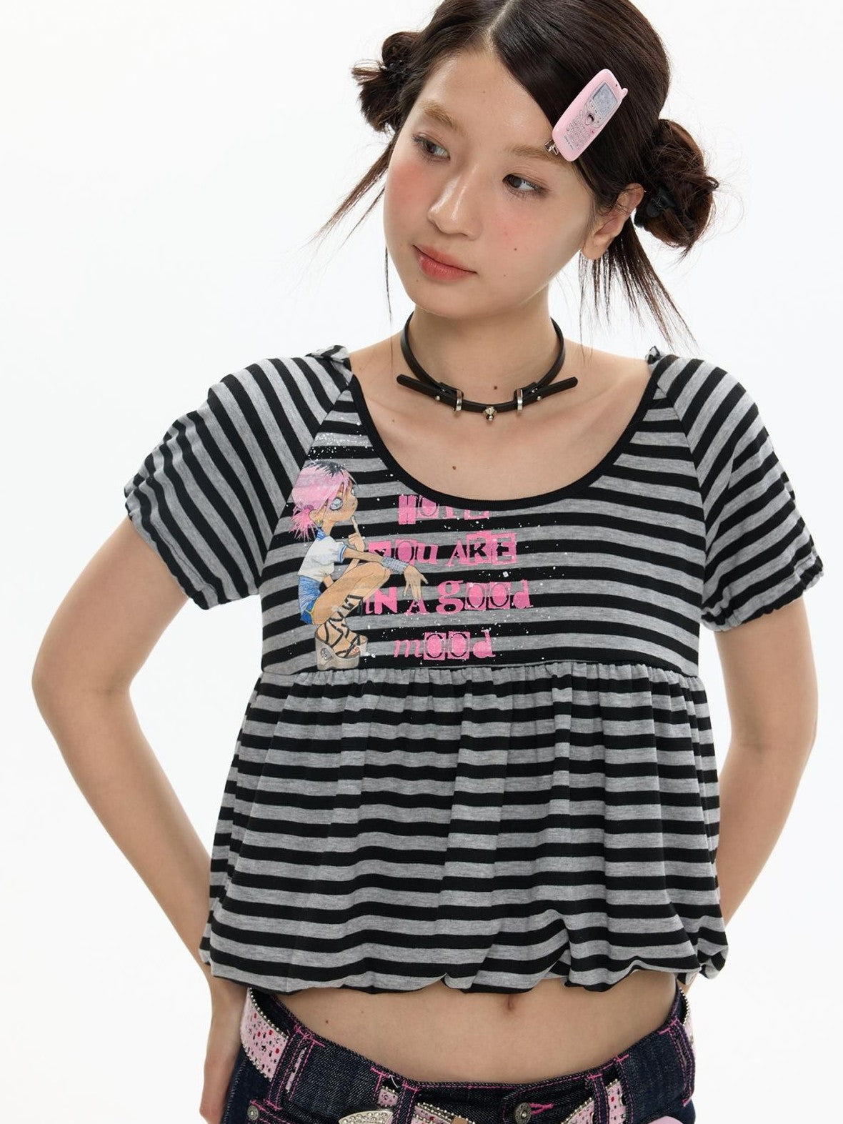 BETWEENAND Vintage Hooded Striped Print Women&