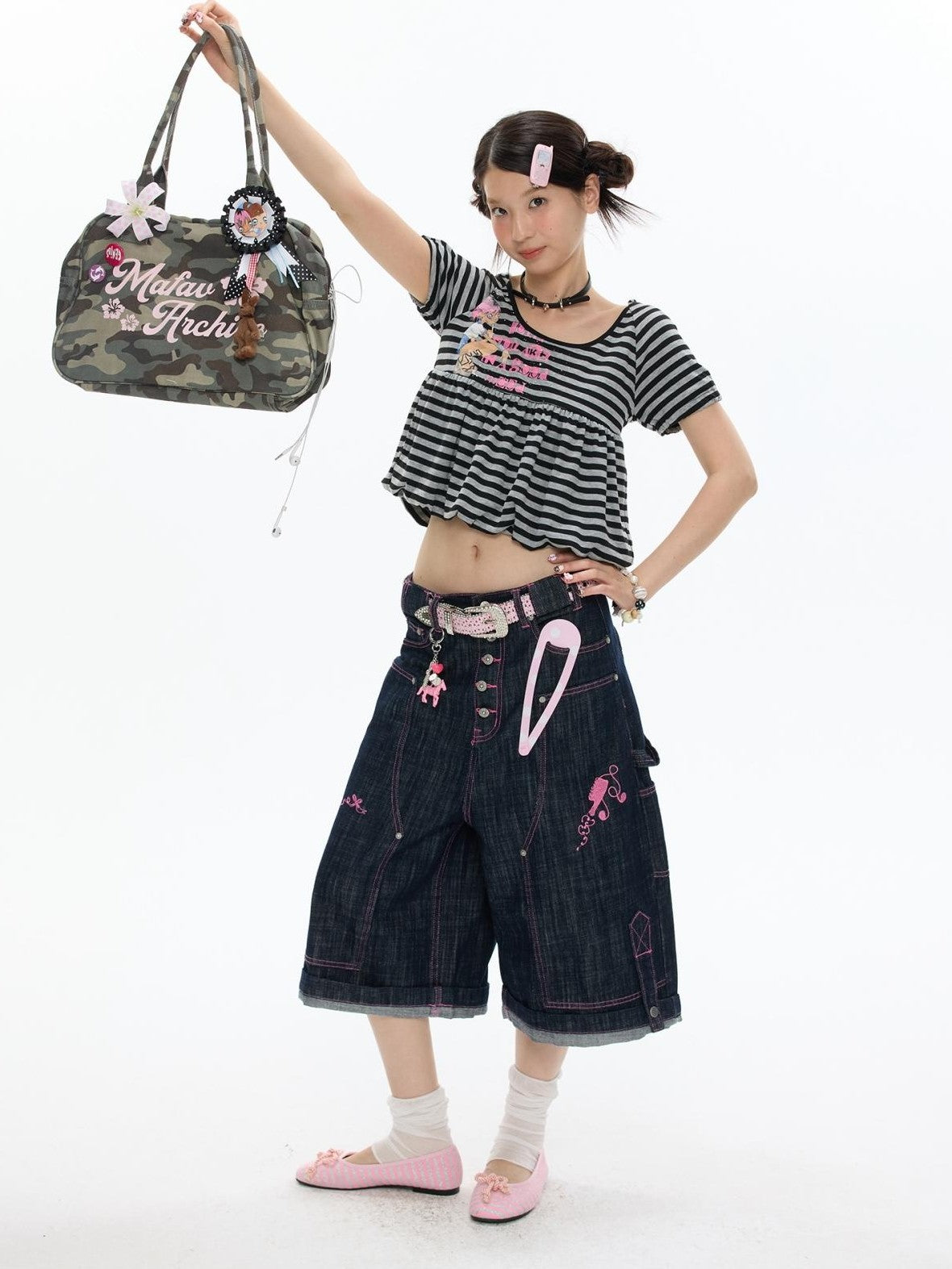 BETWEENAND Vintage Hooded Striped Print Women&