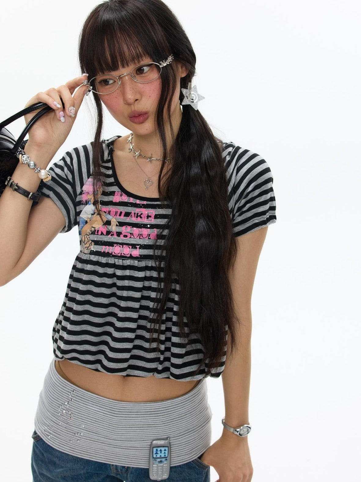 BETWEENAND Vintage Hooded Striped Print Women&