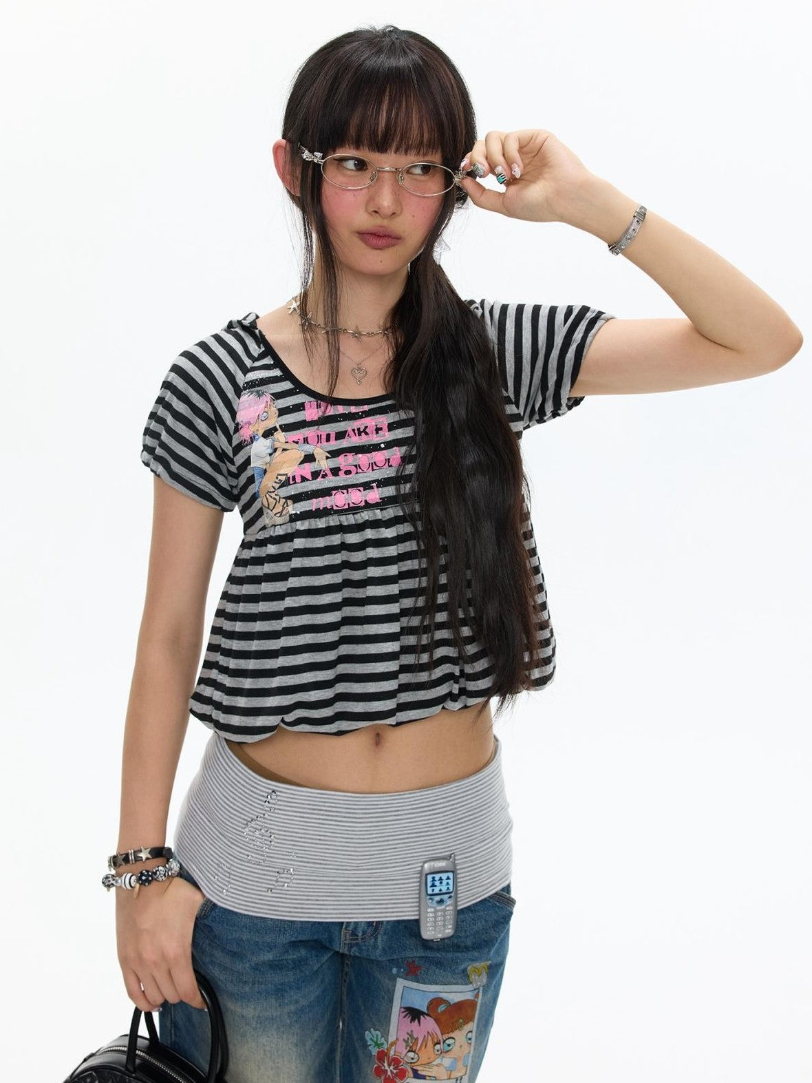 BETWEENAND Vintage Hooded Striped Print Women&