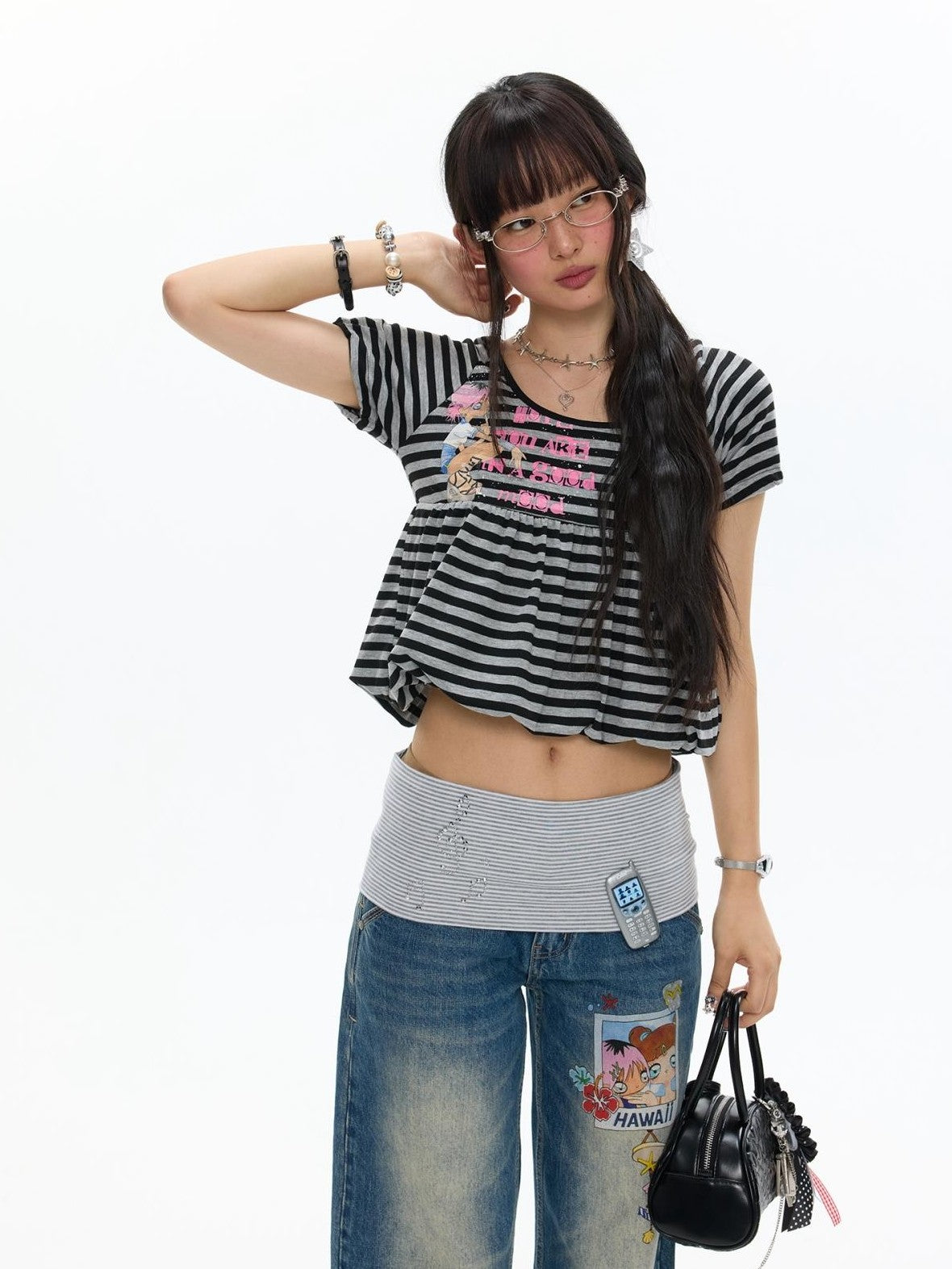 BETWEENAND Vintage Hooded Striped Print Women&