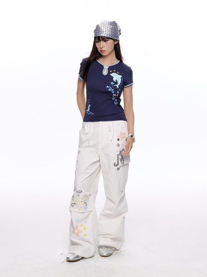 BETWEENAND Vintage Printed Slimming Two Tone Wide Leg Women&