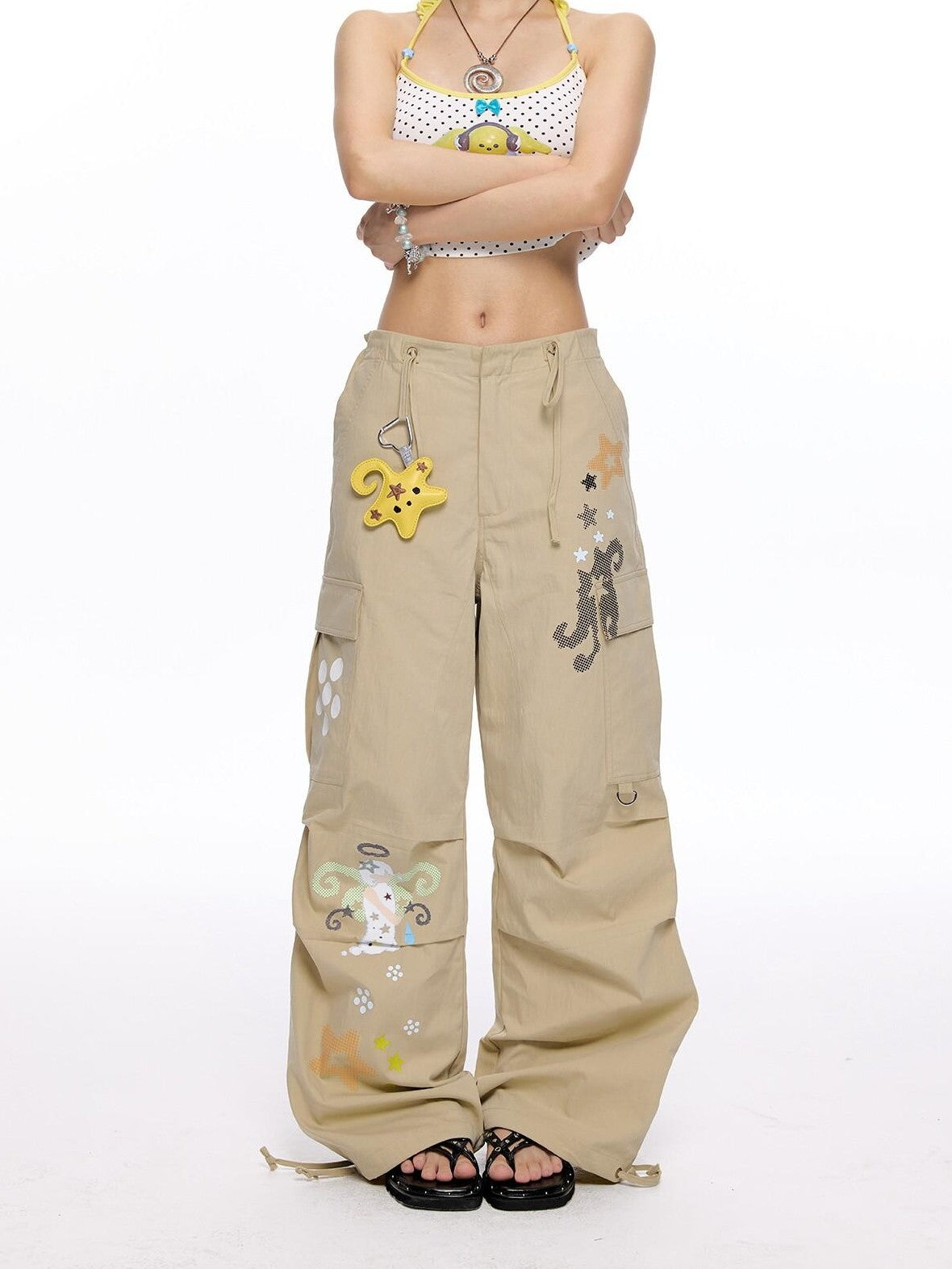 BETWEENAND Vintage Printed Slimming Two Tone Wide Leg Women&