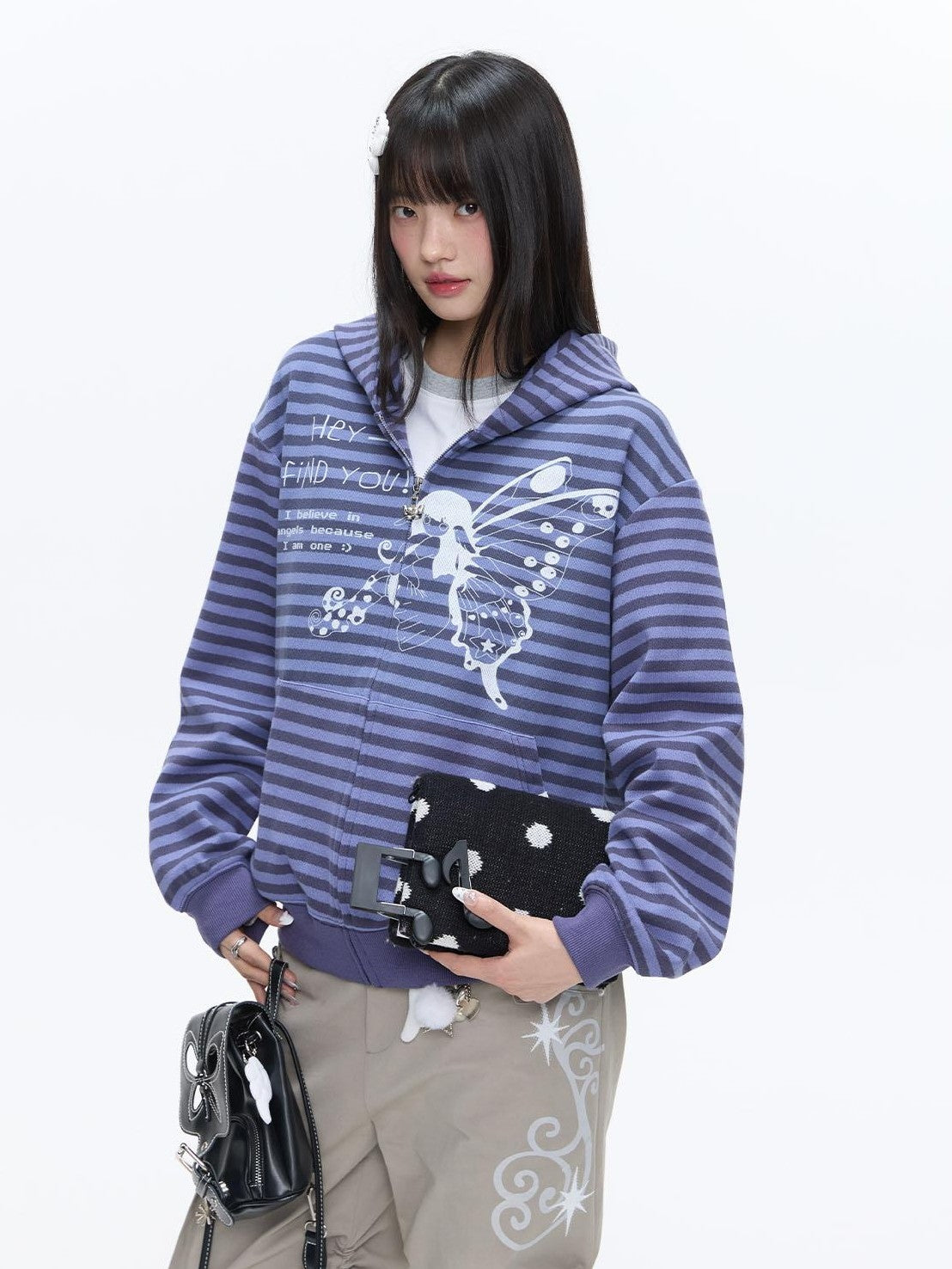 BETWEENAND Vintage Purple Butterfly Striped Oversized Women&