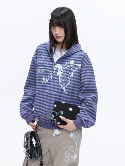 BETWEENAND Vintage Purple Butterfly Striped Oversized Women&
