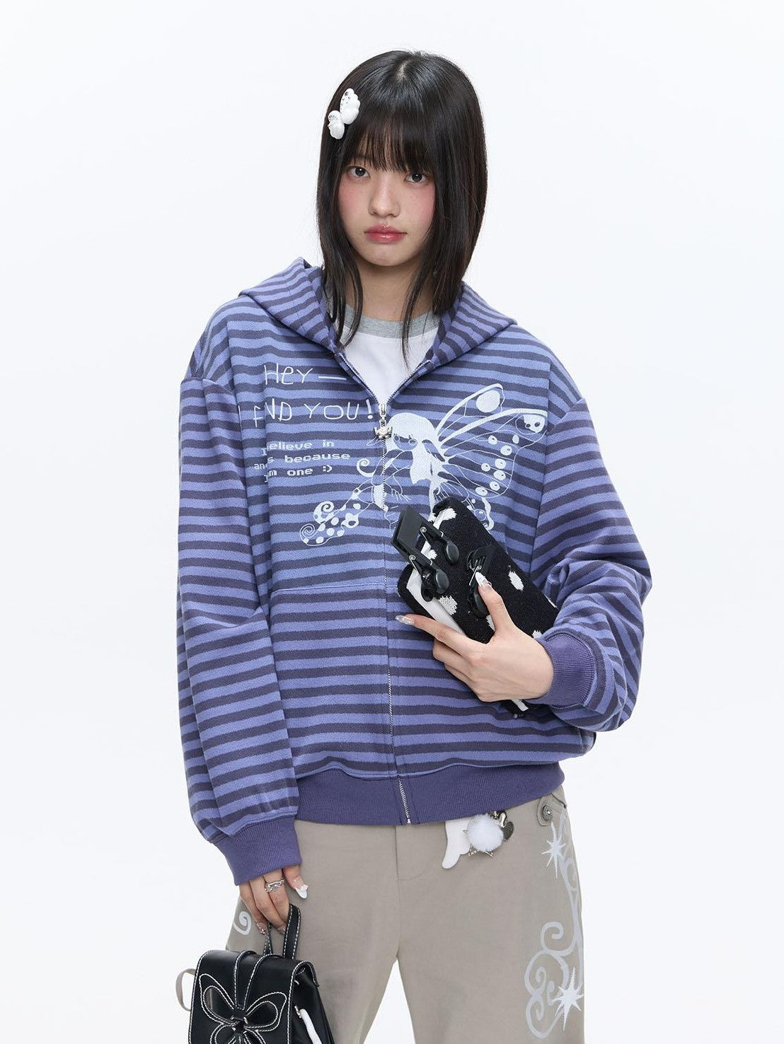 BETWEENAND Vintage Purple Butterfly Striped Oversized Women&