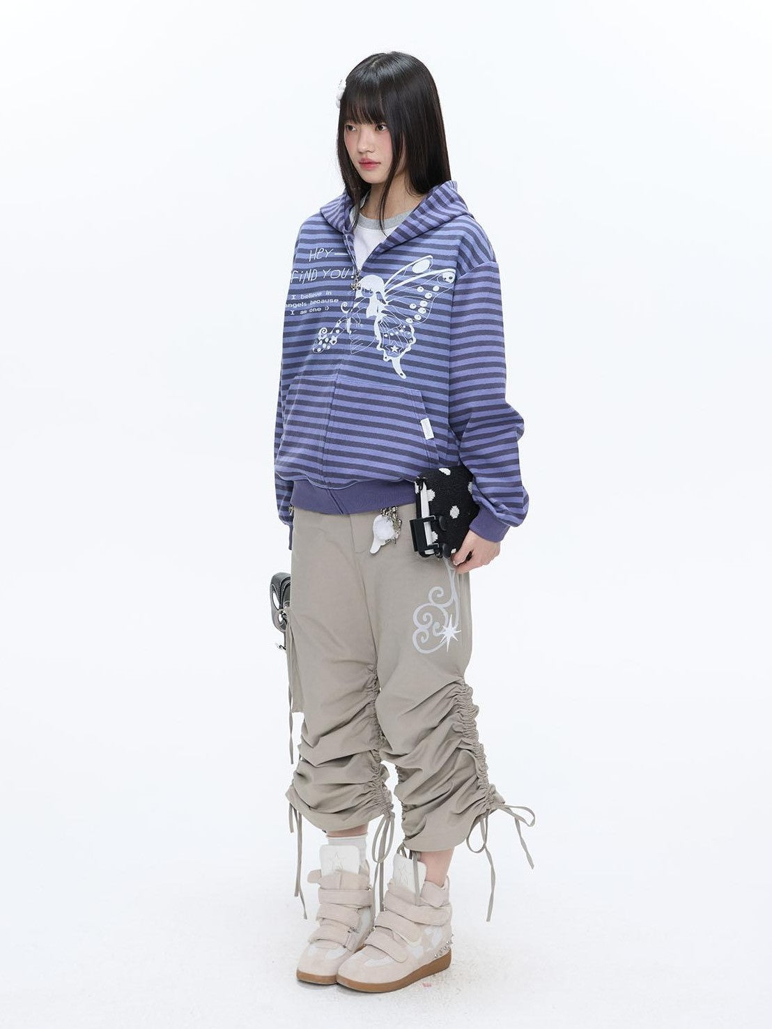 BETWEENAND Vintage Purple Butterfly Striped Oversized Women&