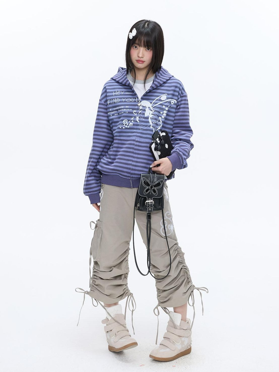 BETWEENAND Vintage Purple Butterfly Striped Oversized Women&
