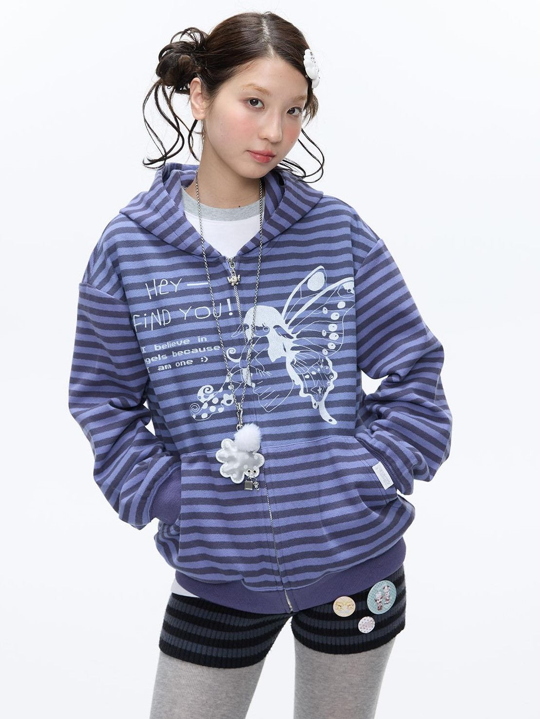 BETWEENAND Vintage Purple Butterfly Striped Oversized Women&