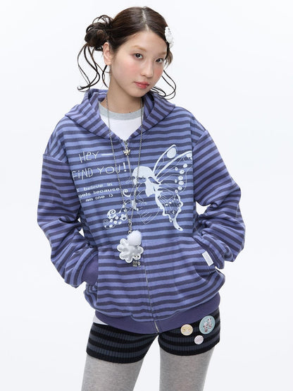 BETWEENAND Vintage Purple Butterfly Striped Oversized Women&