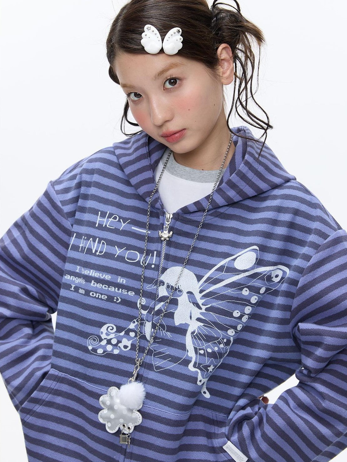 BETWEENAND Vintage Purple Butterfly Striped Oversized Women&